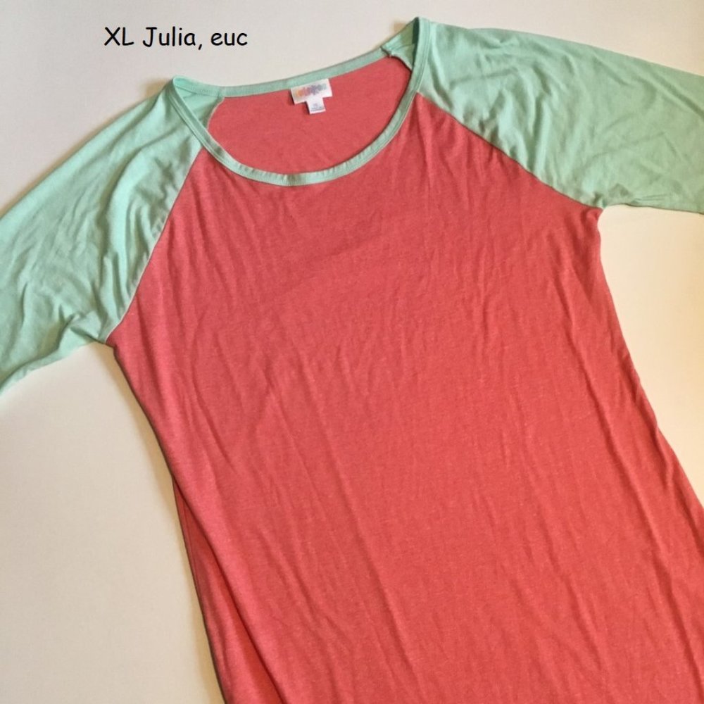 XL Lularoe Julia sheath dress, red with mint sleeves